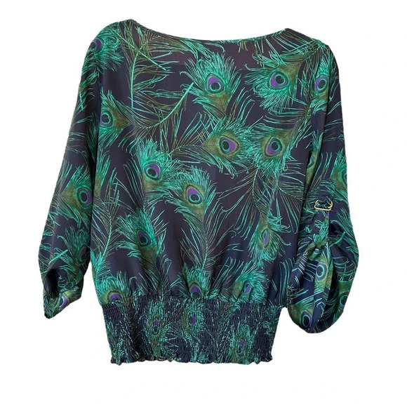 MICHAEL Michael Kors Peacock Print Blouse Ruched Waist Strappy Arms Size Medium - Picture 9 of 9